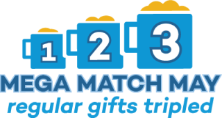 Logo with 3 mugs saying: Mega Match May regular gifts tripled