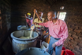 Volunteers gather around a stove to prepare food