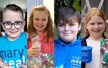 A collage of children who have raised funds for Mary's Meals. L-R: Mikey, Grace, Michael and Lucy