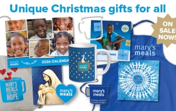 A series of Mary's Meals products with the text Unique Christmas gifts for all on sale now 