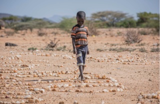 A small boy walks over stones on dry land in Kenya