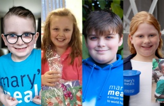 A collage of children who have raised funds for Mary's Meals. L-R: Mikey, Grace, Michael and Lucy