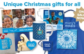 A series of Mary's Meals products with the text Unique Christmas gifts for all on sale now