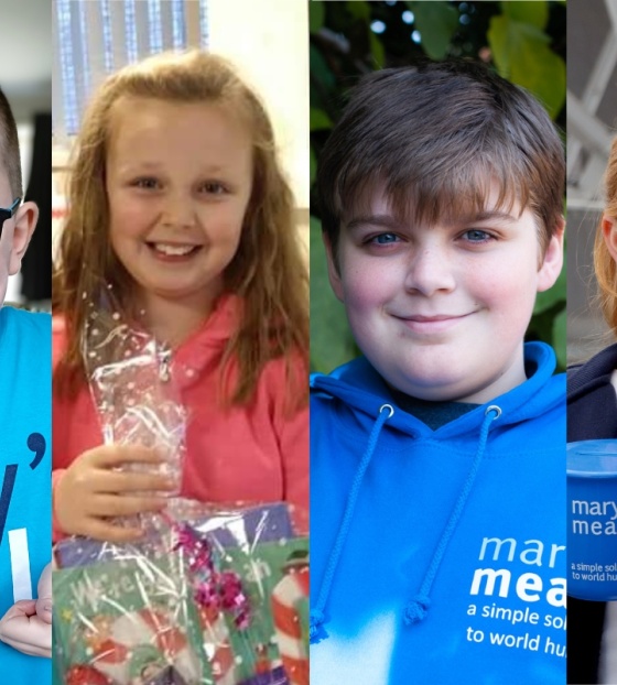 A collage of children who have raised funds for Mary's Meals. L-R: Mikey, Grace, Michael and Lucy