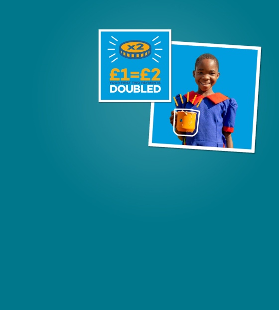 Image of a child holidng a meal with £1=£2 graphic