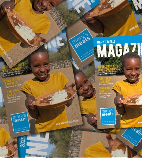 2025 Mary's Meals magazine cover, child in yellow t-shirt holding plate of rice and beans smiling to camera