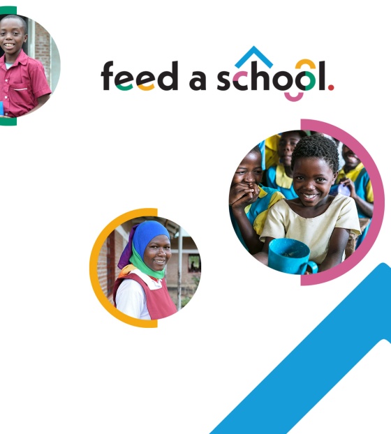 Image showing Feed a school logo and images of children enjoying their Mary's Meals