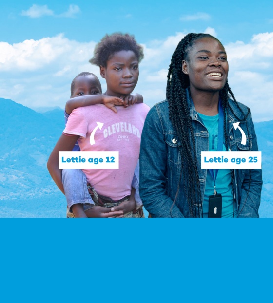 An image of Lettie, a young woman who received Mary's Meals, aged 12 and aged 25