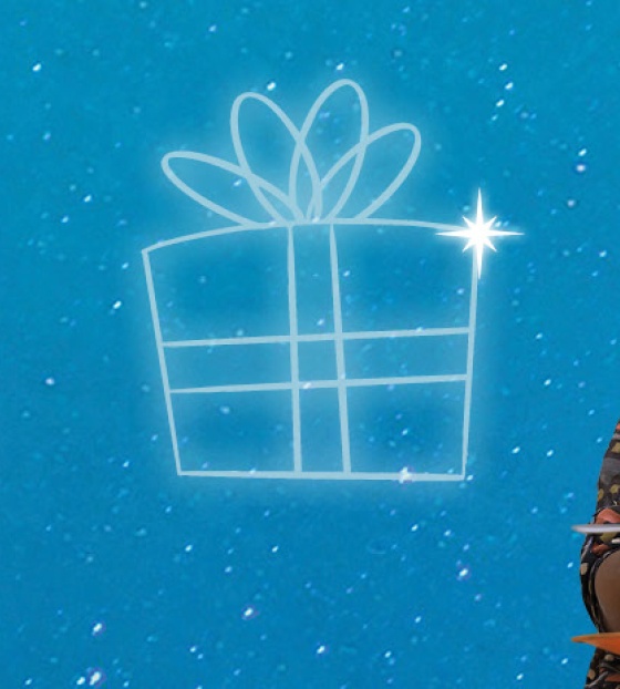 Charity Christmas gift idea blog header - a smiling girl eats porridge against a backdrop of blue Christmassy sparkles. Mary's Meals UK