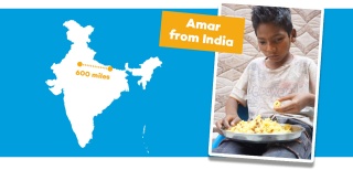 Graphic with map of India and image of Amar eating Mary's Meals