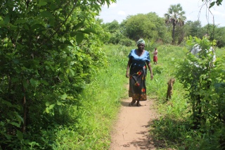 Grandma Alice, an older woman, walks along a small path within plant life