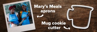 Mug shaped cookie cutter and image of volunteers in aprons