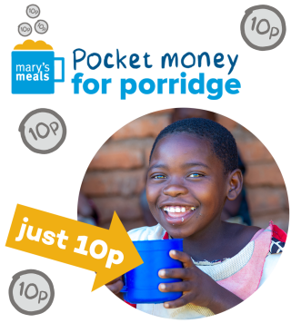 Image showing the Pocket Money For Porridge logo and a child enjoying their school meal