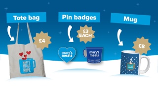 Images of a Mary's Meals tote bag, with a £4 flash, pin badges with a £3 each flash and mug with a £8 flash