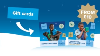 An image showing two Mary's Meals Christmas gift cards with a flash saying from £10