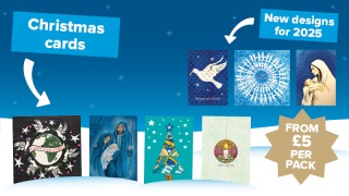 Images of Mary's Meals Christmas cards, with flashes saying from £5 per pack and new designs for 2025