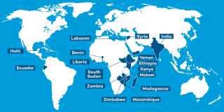 A map showing the 16 countires where Marys Meals works