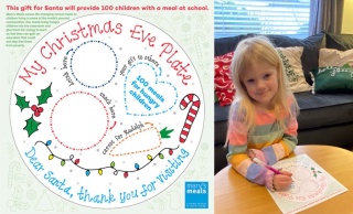 Collage of the Mary's Meals Santa plate gift card and a photo of a girl filling out the plate
