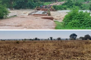 Two images, one showing flooding and the other showing arid land