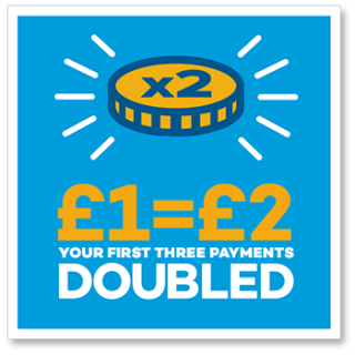 £1=£2 graphic - Your first three donations doubled