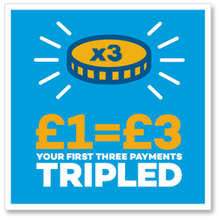 An image showing that your first three regualr payments will be tripled by a generous donor
