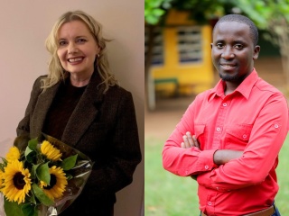 Two pictures in a collage. The first shows a woman holding flowers and smiling, and the other showing a man in a red shirt smiling and crossing his arms