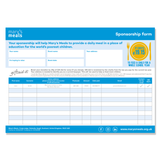 Image of the Mary's Meals Sponsorship form